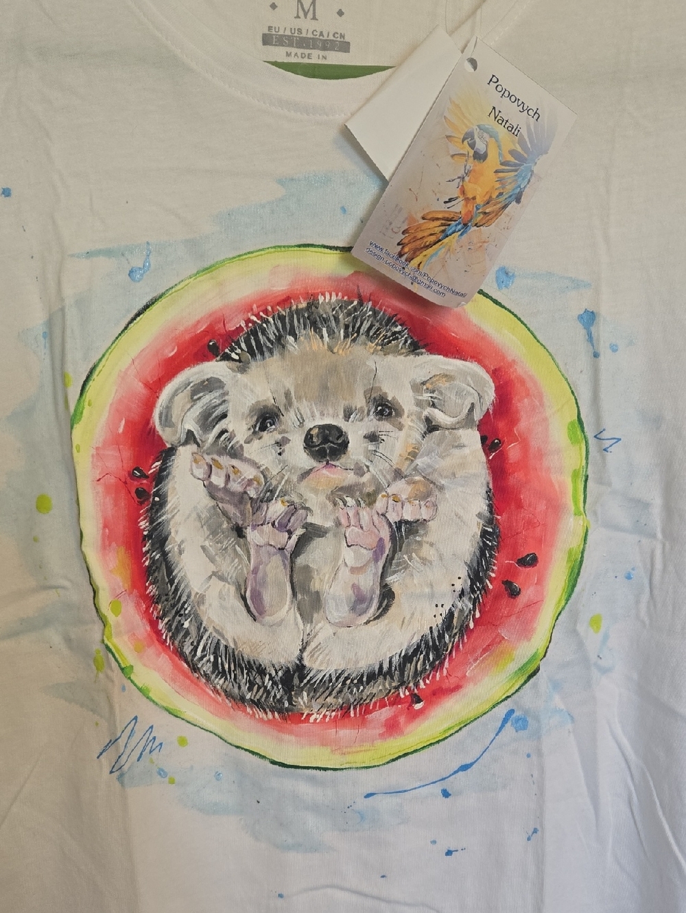 New! Hand Painted Hedgehog in Watermelon Graphic White Tee Shirt - M